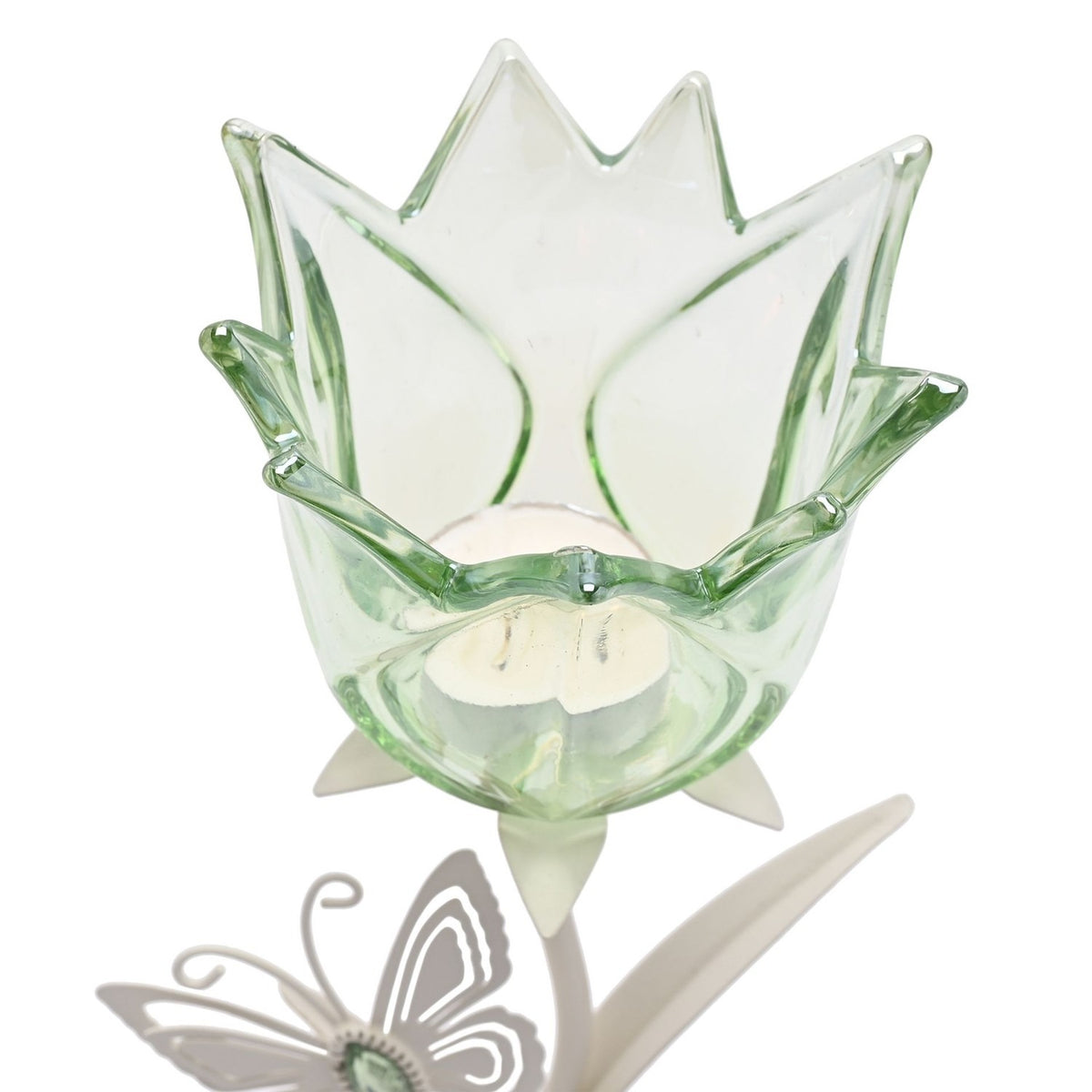Single stem glass candle holder with pale green tulip-shaped cup, pointed crown rim and white stem base featuring a butterfly detail, shown on a plain white background.