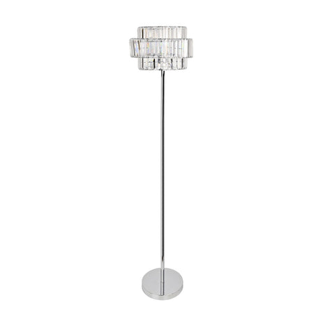Yarrowdene floor lamp with a slender silver pole and round base, topped by a tiered crystal effect glass shade in three stacked rings, shown on a plain white background.