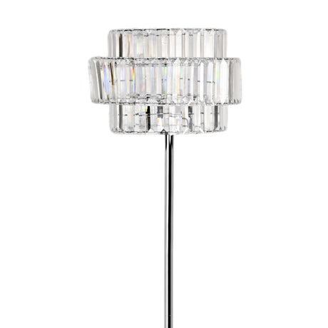 Yarrowdene floor lamp with a slender silver stand and tiered crystal effect glass shade in three stacked rings, shown against a plain white background.