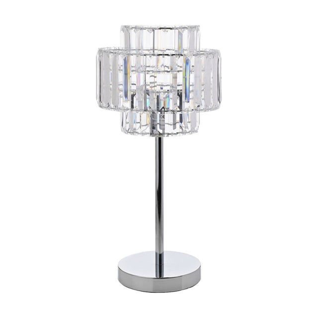 Glass table lamp with a tiered crystal effect shade in clear glass prisms, set on a slim chrome stem and round chrome base, shown on a plain white background.