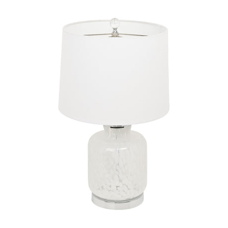 Table Lamp with Confetti Glass Base 52cm in White, featuring a rounded glass base flecked with white confetti detail, chrome collar, and a drum-shaped white fabric shade on a plain background.
