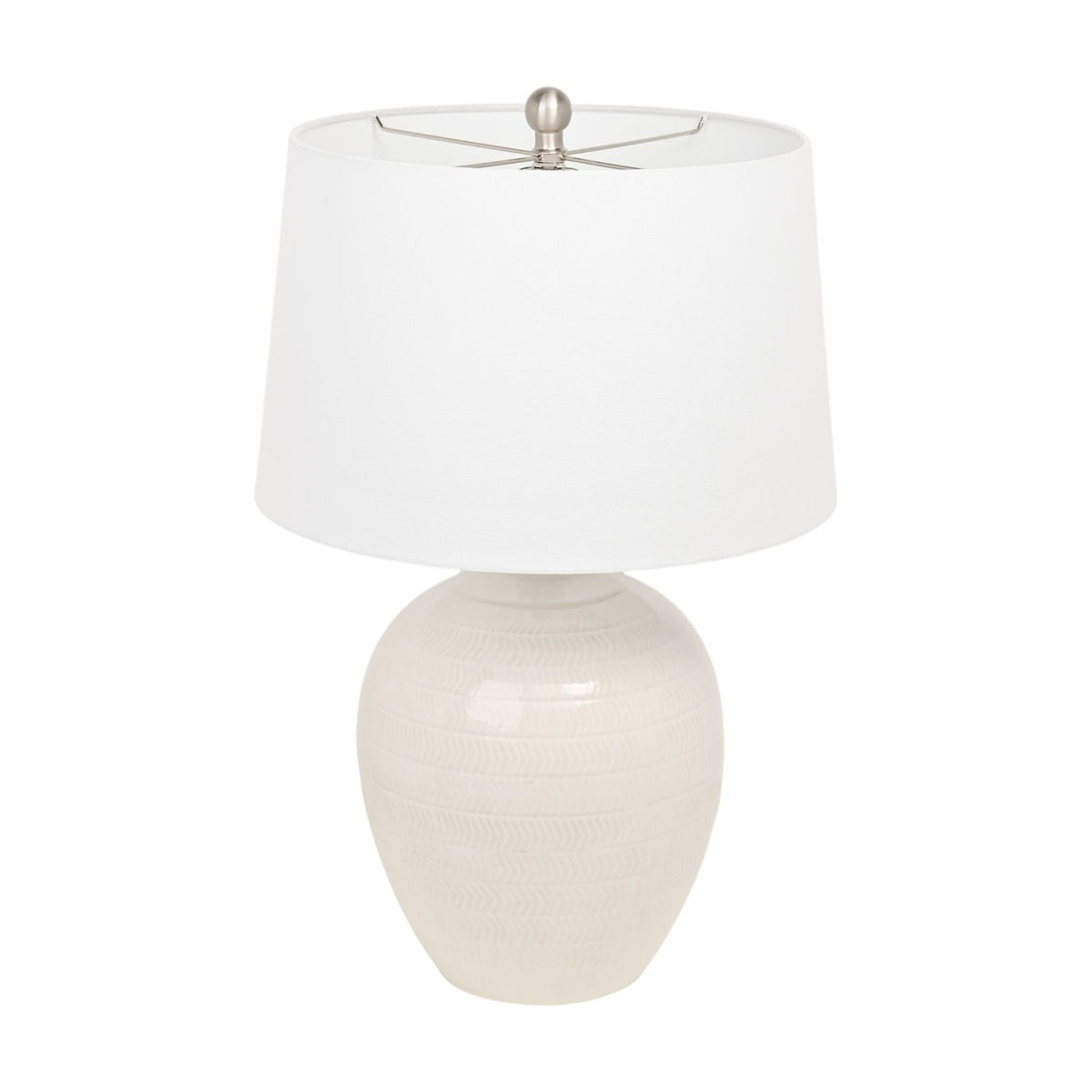 Chevron ceramic table lamp, 60.5cm, with a rounded white textured base and white tapered fabric shade, shown on a plain white background.