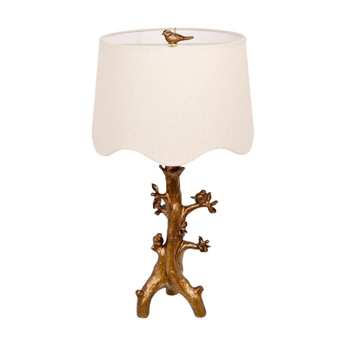 Birds Resin Table Lamp with Scalloped Shade 70cm - Brown