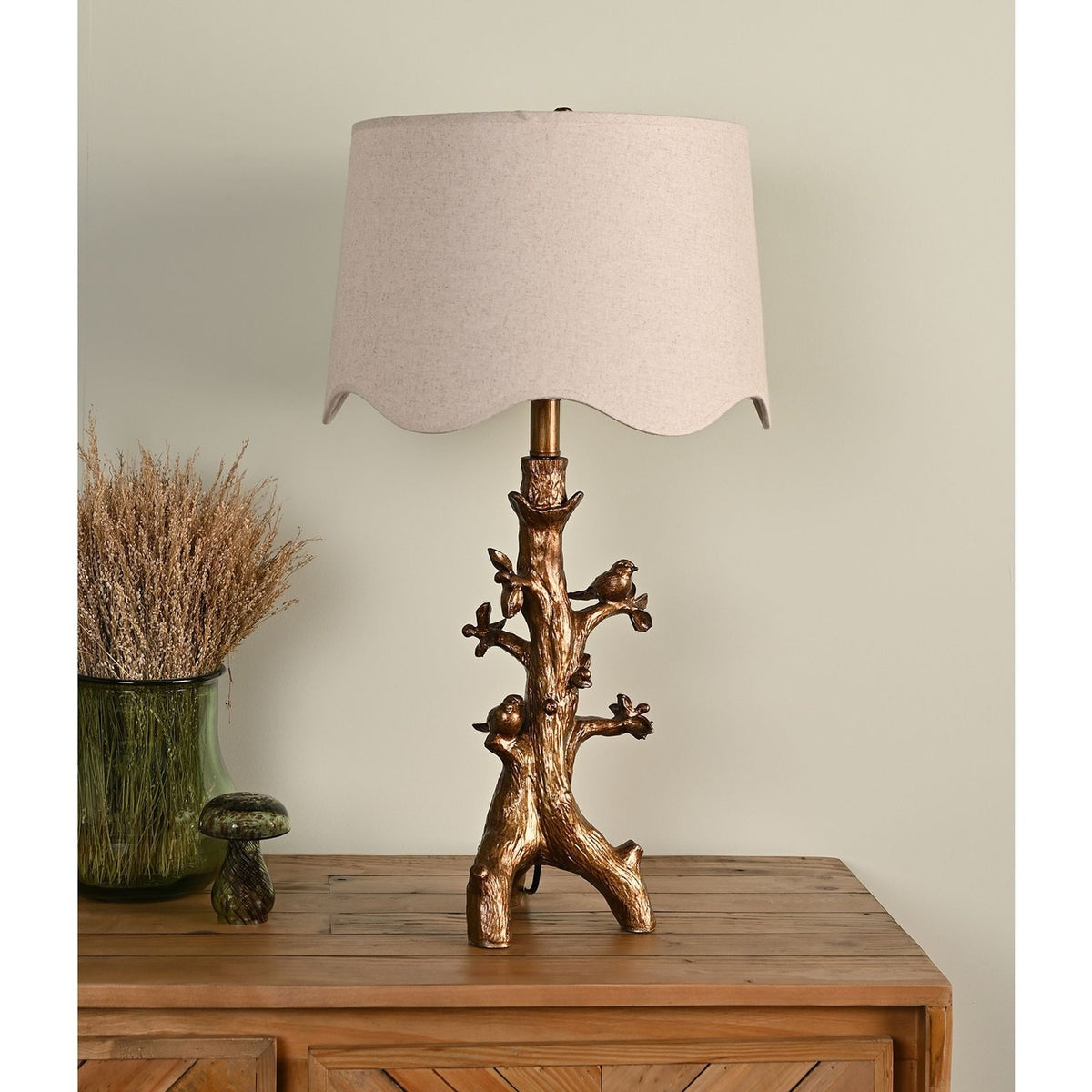 Birds Resin Table Lamp with Scalloped Shade 70cm - Brown
