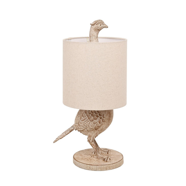Wood Effect Pheasant Table Lamp 54cm with a cylindrical beige drum shade, brown wood-effect bird body and feet standing on a round base, shown against a plain white background.