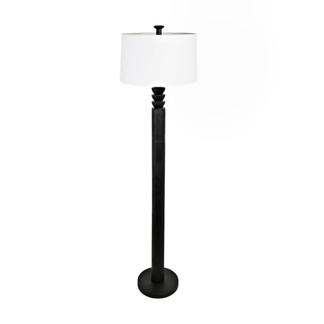 Zennamor floor lamp with a slender black resin column, stacked ring neck detail, round base, and white drum shade with black finial, on a plain white background.
