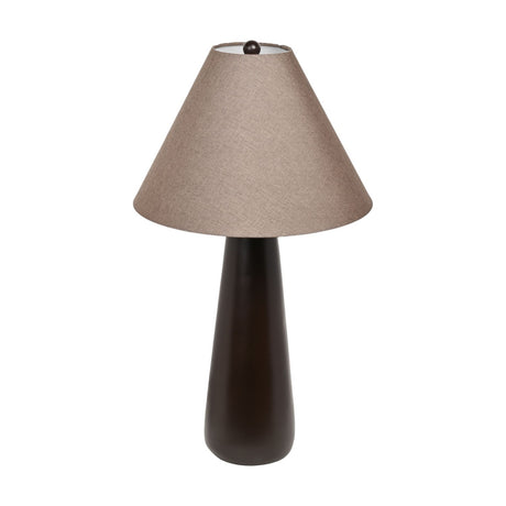 Tapered resin table lamp, 69cm, with a smooth dark brown column base and a wide taupe conical fabric shade topped by a small dark finial, shown on a plain white background.