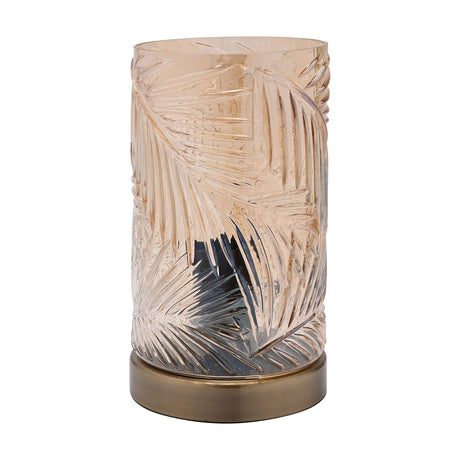Palm Leaf Textured Glass Table Lamp, 23cm, with a tall cylindrical gold-tinted shade and round bronze-toned base, shown on a plain white background.