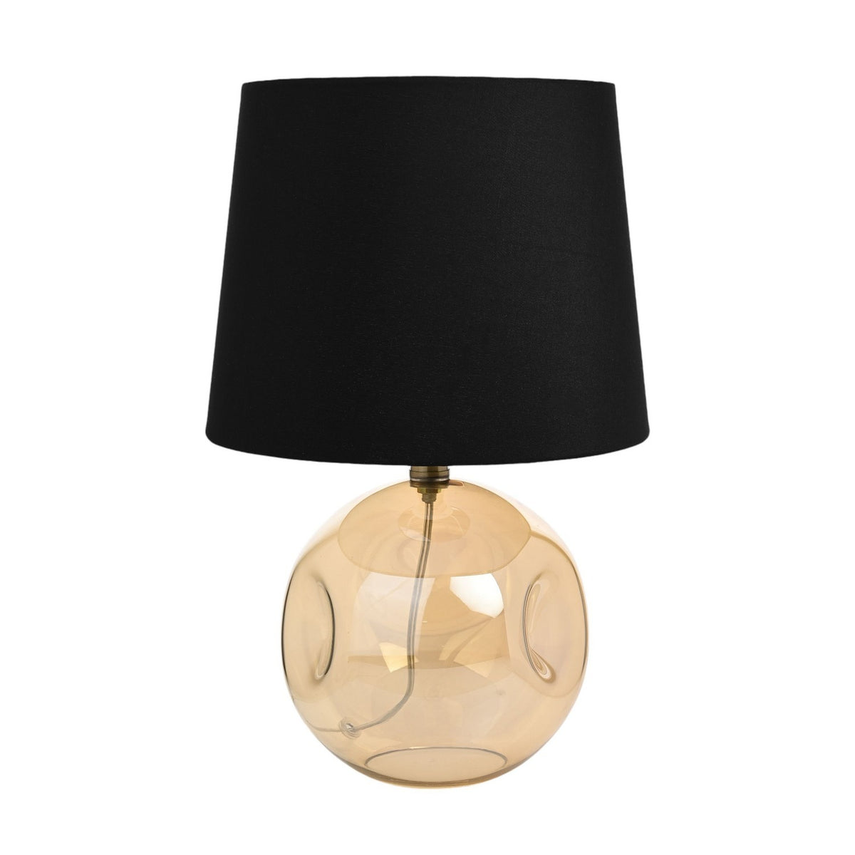 Round table lamp with a dimpled amber glass globe base and tapered black fabric shade, visible cable through the centre, on a plain white background.