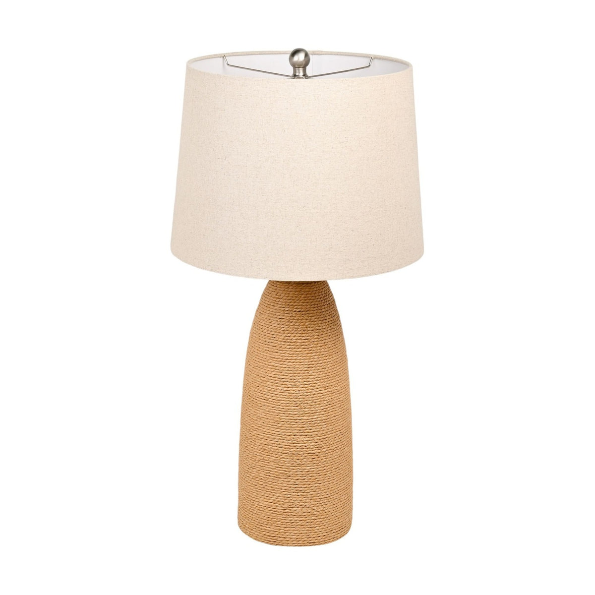Tapered Rattan Table Lamp 76cm in Natural with a wrapped rattan base narrowing to a slim neck and a pale flecked drum shade, shown on a plain white background.