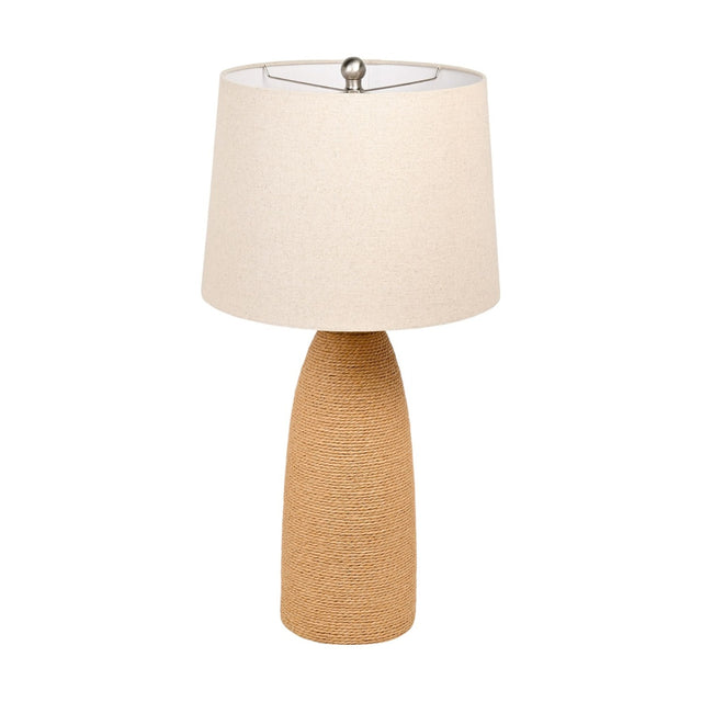 Tapered Rattan Table Lamp 76cm in Natural with a wrapped rattan base narrowing to a slim neck and a pale flecked drum shade, shown on a plain white background.