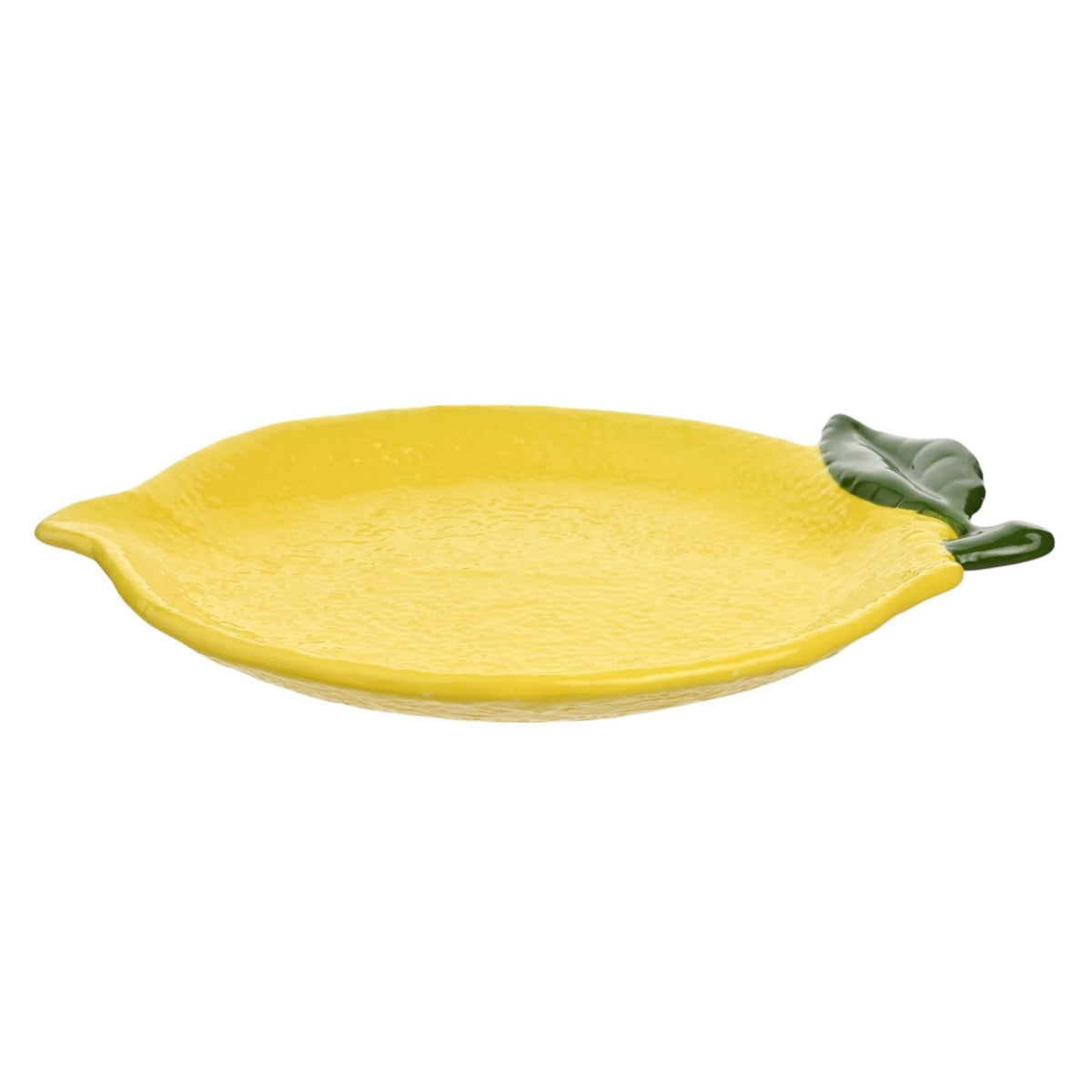 Textured lemon-shaped earthenware plate in yellow with dimpled peel-like surface and a sculpted green leaf at the stalk end, shown on a plain white background.