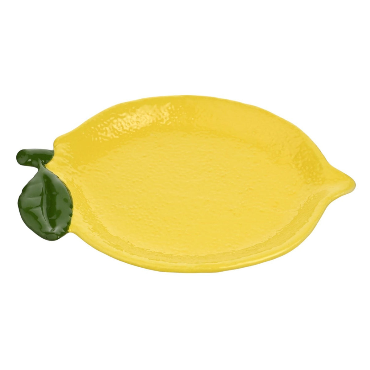 Textured lemon-shaped earthenware plate in yellow with a dimpled peel-like surface and sculpted green leaf at the stalk end, shown on a plain white background.