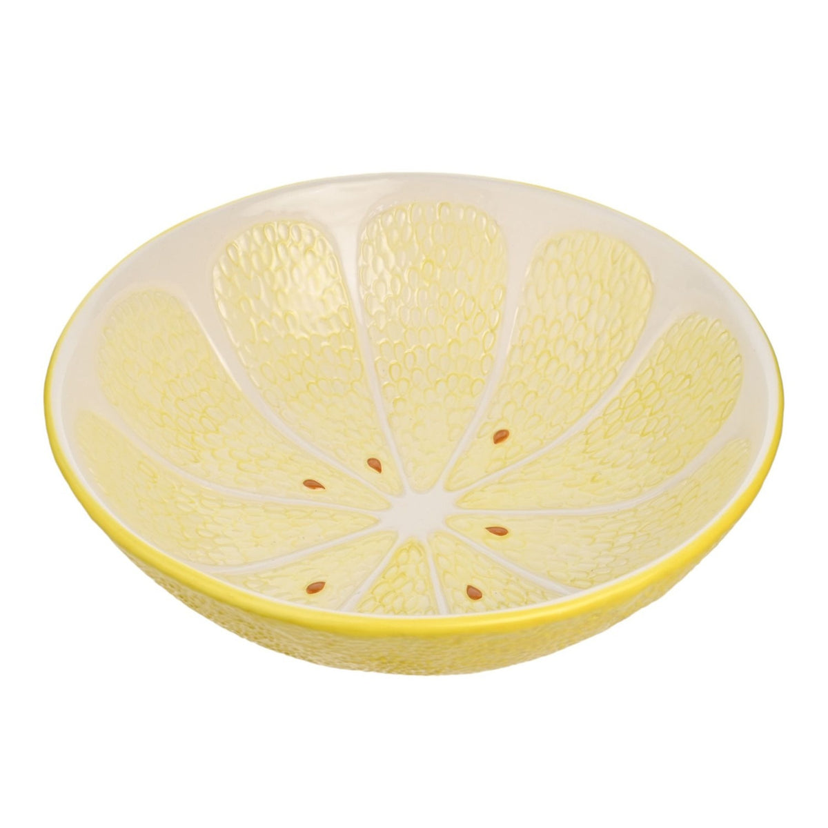 Round earthenware serving bowl designed as a lemon slice, with textured yellow peel-effect exterior and pale yellow segmented interior dotted with brown pips, on a plain white background.