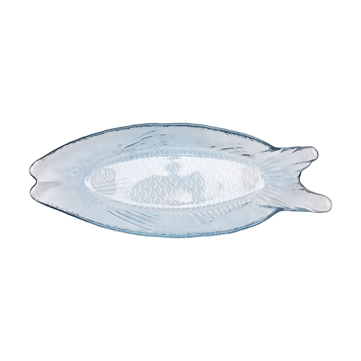 Fish-shaped clear glass plate, 25cm, with textured scale pattern, raised rim, and split tail fins, shown on a plain white background.