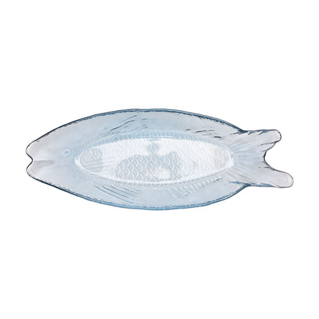 Fish-shaped clear glass plate, 25cm, with textured scale pattern, raised rim, and split tail fins, shown on a plain white background.