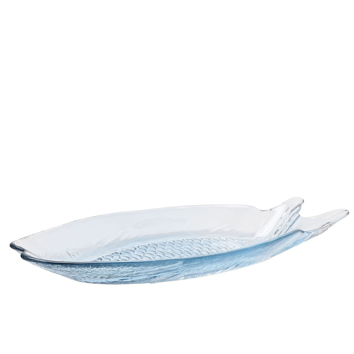Fish-shaped clear glass plate, 25cm, with textured scale pattern, split tail fins, and a raised rim, shown on a plain white background.