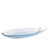 Fish-shaped clear glass plate, 25cm, with textured scale pattern, split tail fins, and a raised rim, shown on a plain white background.