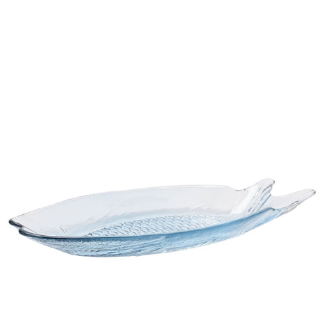 Fish-shaped clear glass plate, 25cm, with textured scale pattern, split tail fins, and a raised rim, shown on a plain white background.