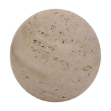 Travertine Sphere Ornament 9.7cm in brown, a round decorative accessory with natural pitted texture and tan veining, shown on a plain white background.