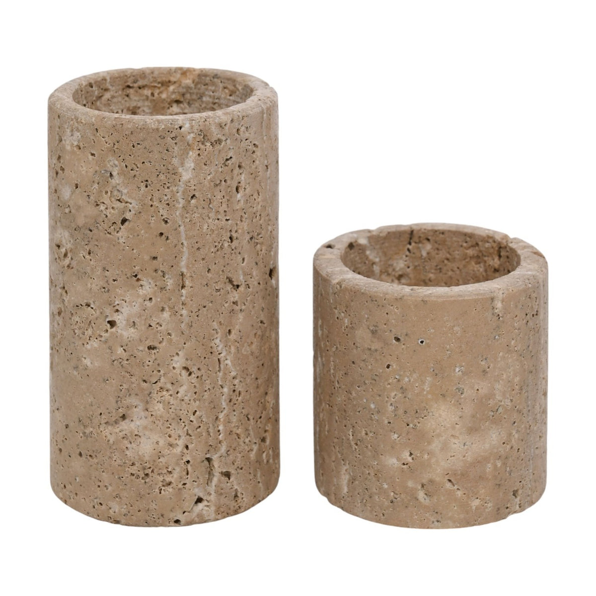 Set of 2 Round Travertine Tea Light Candle Holders - Brown
