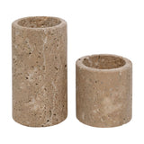 Set of 2 Round Travertine Tea Light Candle Holders - Brown