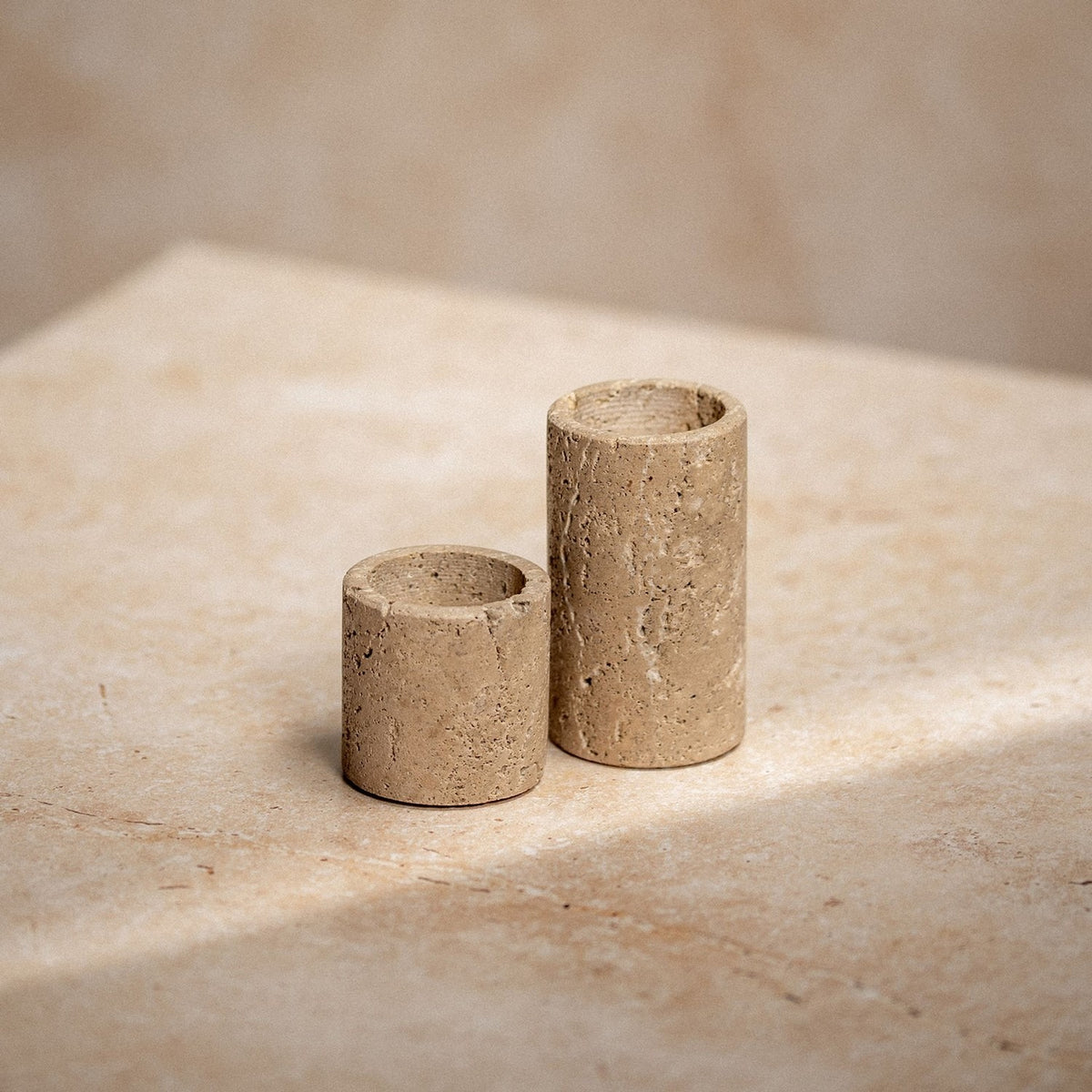 Set of 2 Round Travertine Tea Light Candle Holders - Brown