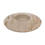Travertine Disc Tea Light Candle Holder in brown, a round low stone disc with a central cup and natural pitted texture, shown on a plain white background.