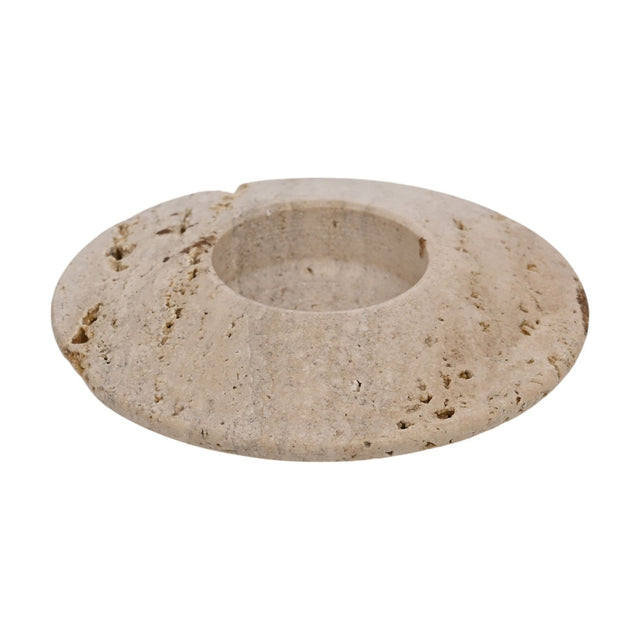 Travertine Disc Tea Light Candle Holder in brown, a round low stone disc with a central cup and natural pitted texture, shown on a plain white background.