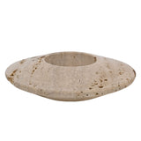 Travertine Disc Tea Light Candle Holder in brown, a low round stone dish with a central cup and pitted natural texture, shown on a plain white background.