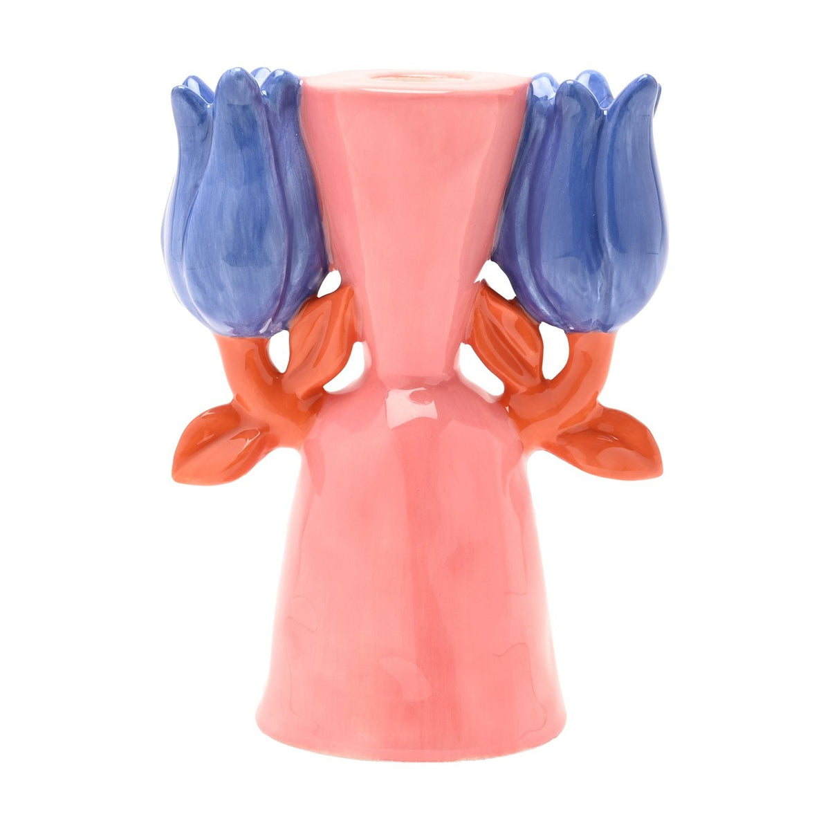 Twin Flower Ceramic Candle Holder with Blue Tulips - Pink