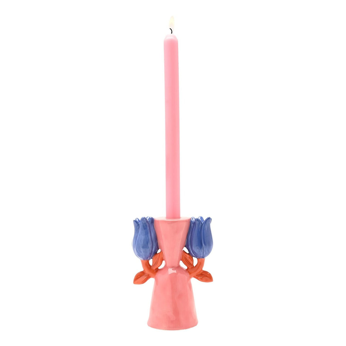 Twin Flower Ceramic Candle Holder with Blue Tulips - Pink