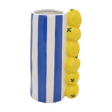 Ceramic vase, 21cm, with bold blue and white vertical stripes and a column of six moulded yellow lemons up one side, shown on a plain white background.