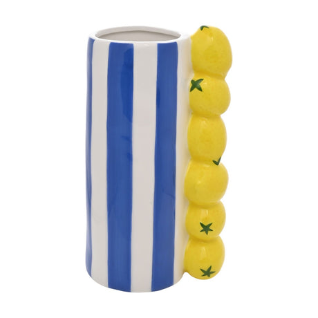 Ceramic vase, 21cm, with bold blue and white vertical stripes and a column of six moulded yellow lemons up one side, shown on a plain white background.