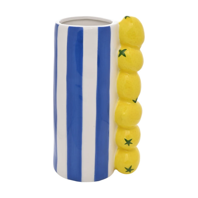 Ceramic vase, 21cm, with bold blue and white vertical stripes and a column of six moulded yellow lemons up one side, shown on a plain white background.
