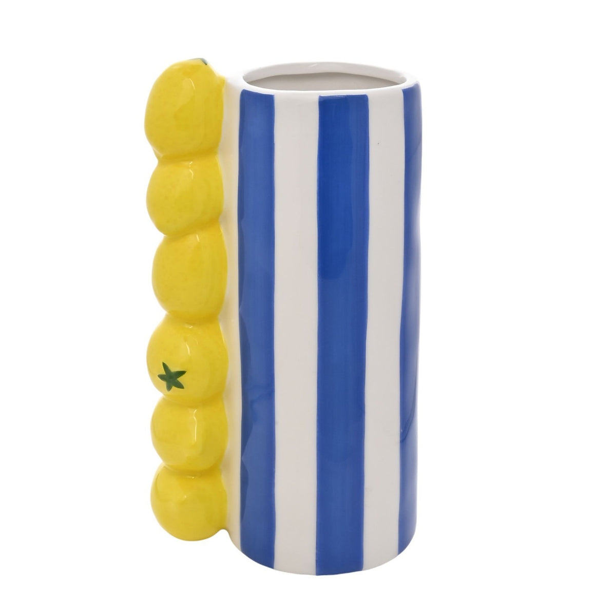 Ceramic cylindrical vase with bold blue and white vertical stripes and a column of six moulded yellow lemons forming the handle, shown on a plain white background.