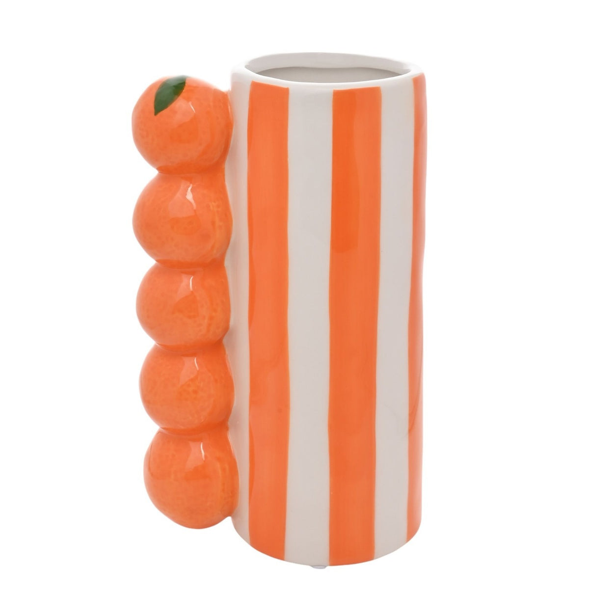 Ceramic vase, 21cm, with orange and white vertical stripes and a stacked column of five glazed orange fruits with leaves along one side, shown on a plain white background.