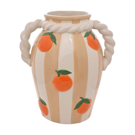 Striped ceramic vase in white with peach stripes, raised orange and leaf motifs, and twisted rope effect handles with a matching rope band at the neck, shown on a plain white background.