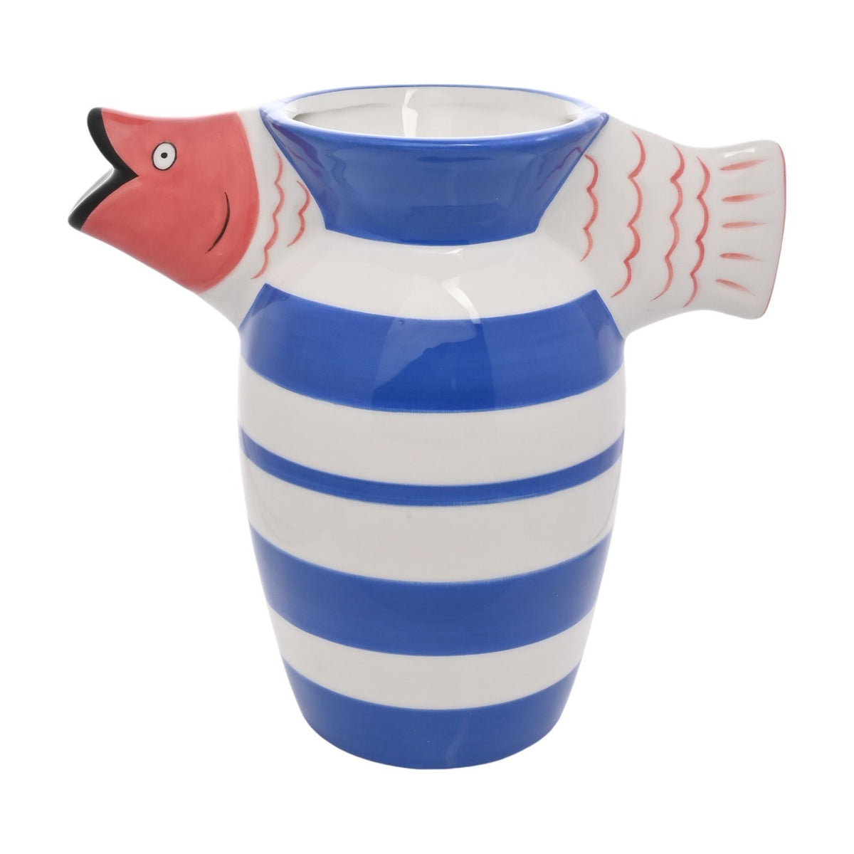 Ceramic vase shaped like a fish with coral head and tail at the flared neck, white body banded in blue stripes, shown on a plain white background.