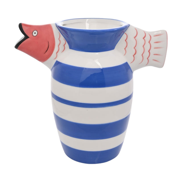 Ceramic vase shaped like a fish with coral head and tail at the flared neck, white body banded in blue stripes, shown on a plain white background.
