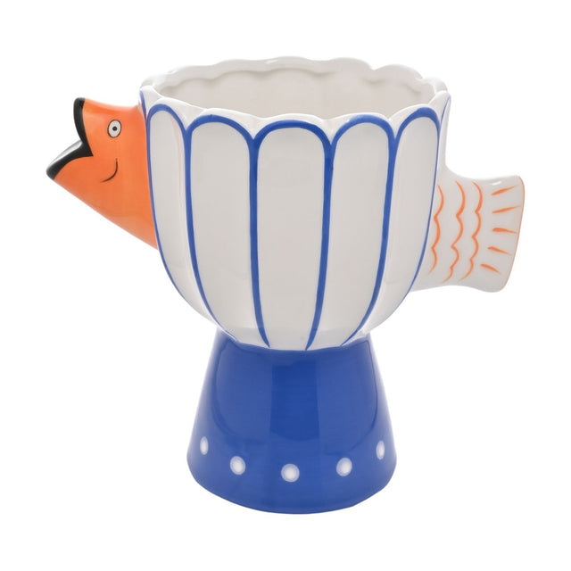 Fish Deco ceramic pedestal vase in white with cobalt blue fluted panels, scalloped rim, orange fish head and tail details, on a blue flared base, shown on a plain white background.