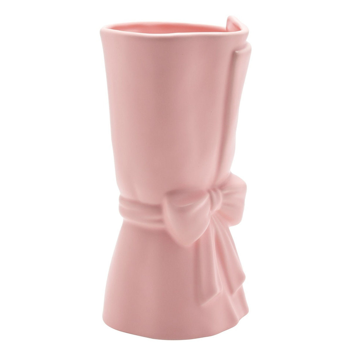 Pink ceramic vase shaped like a wrapped bouquet, 24cm tall, with a folded rim edge and a tied ribbon bow with trailing tails, matt finish, on a plain white background.