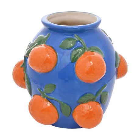 Ceramic vase, 13.9cm, blue glaze with raised orange citrus fruits and green leaf stems in relief, short neck, rolled rim, on a plain white background.