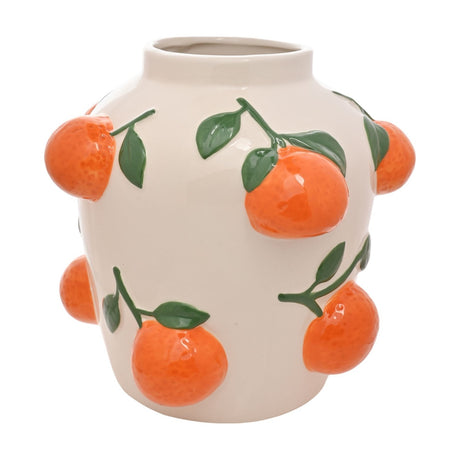 White ceramic vase, 23cm, with raised glossy orange citrus fruits and green leaf stalks around a rounded body and short neck, shown on a plain white background.
