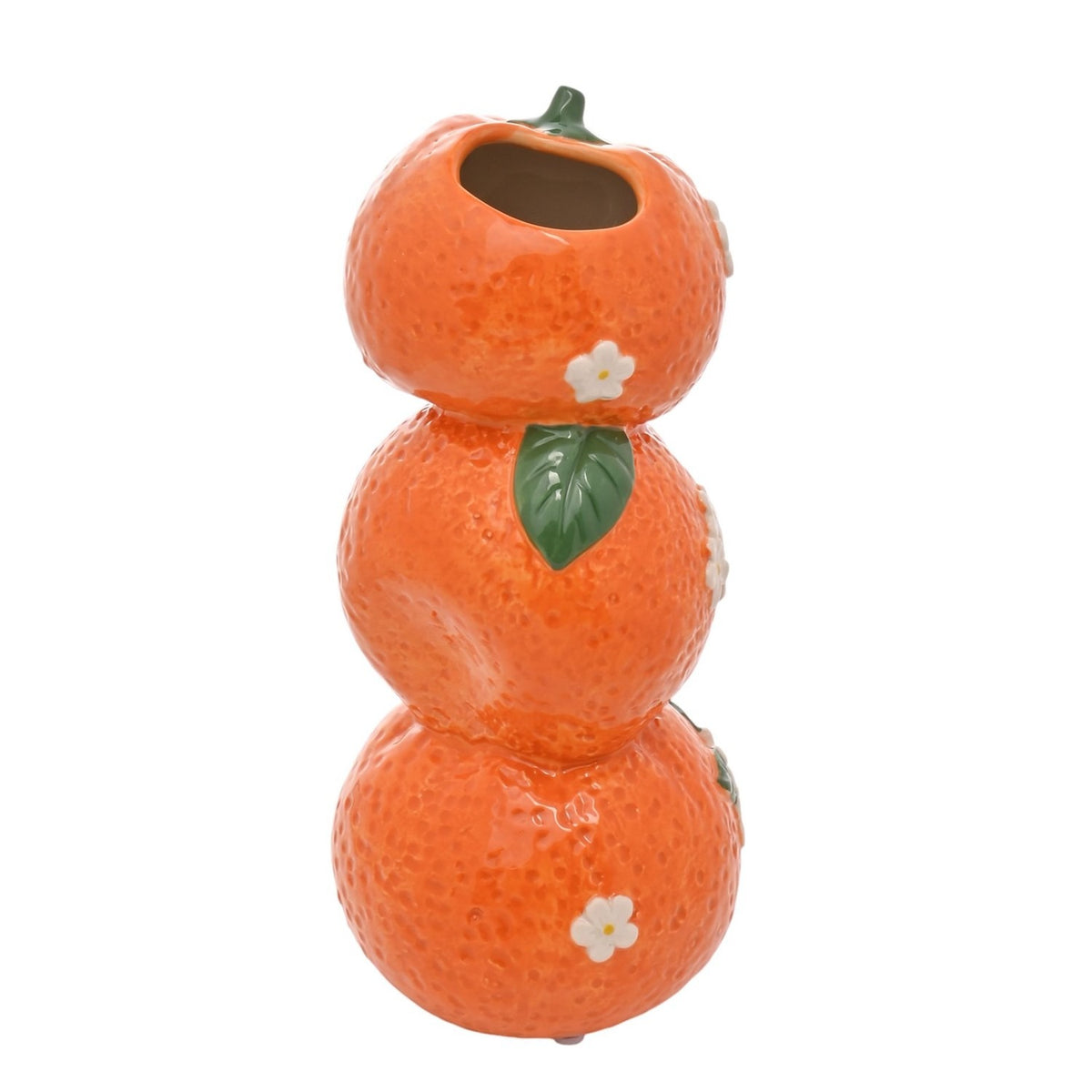 Stacked Triple Citrus Blossom ceramic vase, 21cm, shaped as three oranges with dimpled peel texture, glossy orange finish, green stalk, and raised white blossom details, on a plain white background.