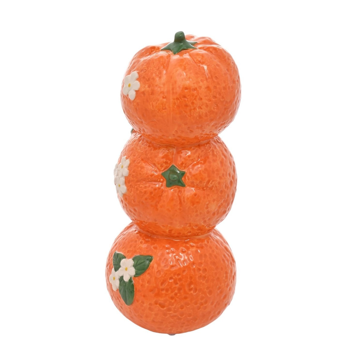 Stacked Triple Citrus Blossom Ceramic Vase, 21cm, shaped as three dimpled oranges with glossy orange finish, green stalk opening, and raised white blossom details, on a plain white background.