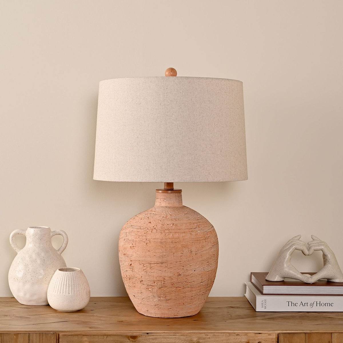 Terracotta Ceramic Table Lamp with Drum Shade 66cm - Natural