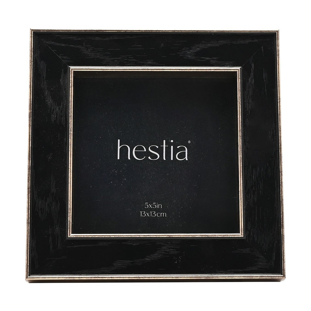 Square metal photo frame in black with a fine gold edge, deep box profile and distressed gold sides, for a 5 x 5in print, shown on a white background.