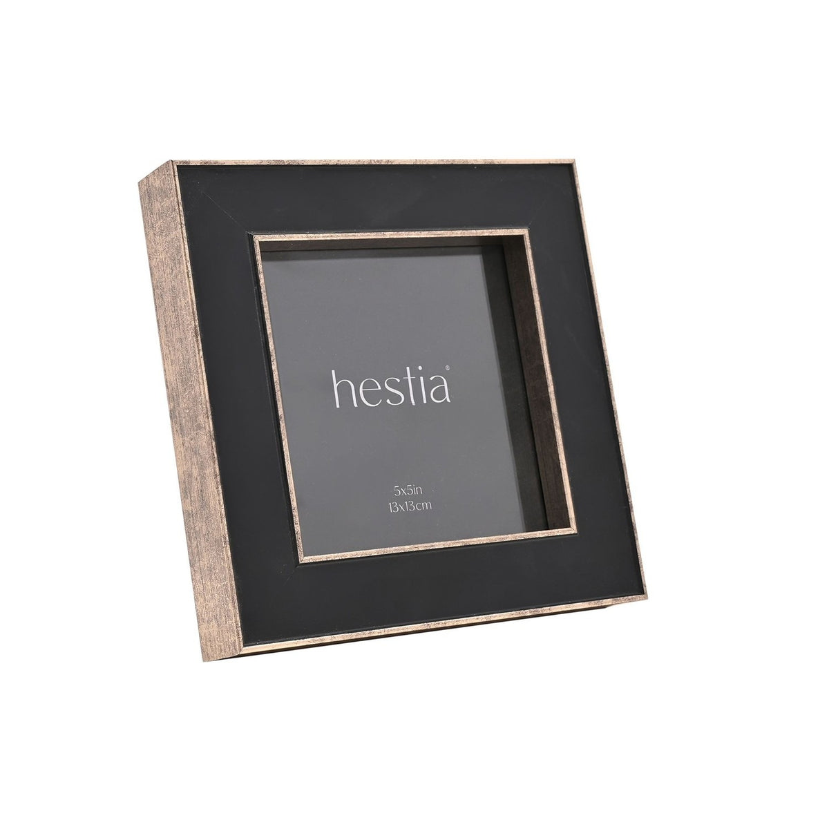 Square metal box photo frame for a 5 x 5in print, black front with fine gold edging and distressed antique gold sides, shown at an angle on a plain white background.
