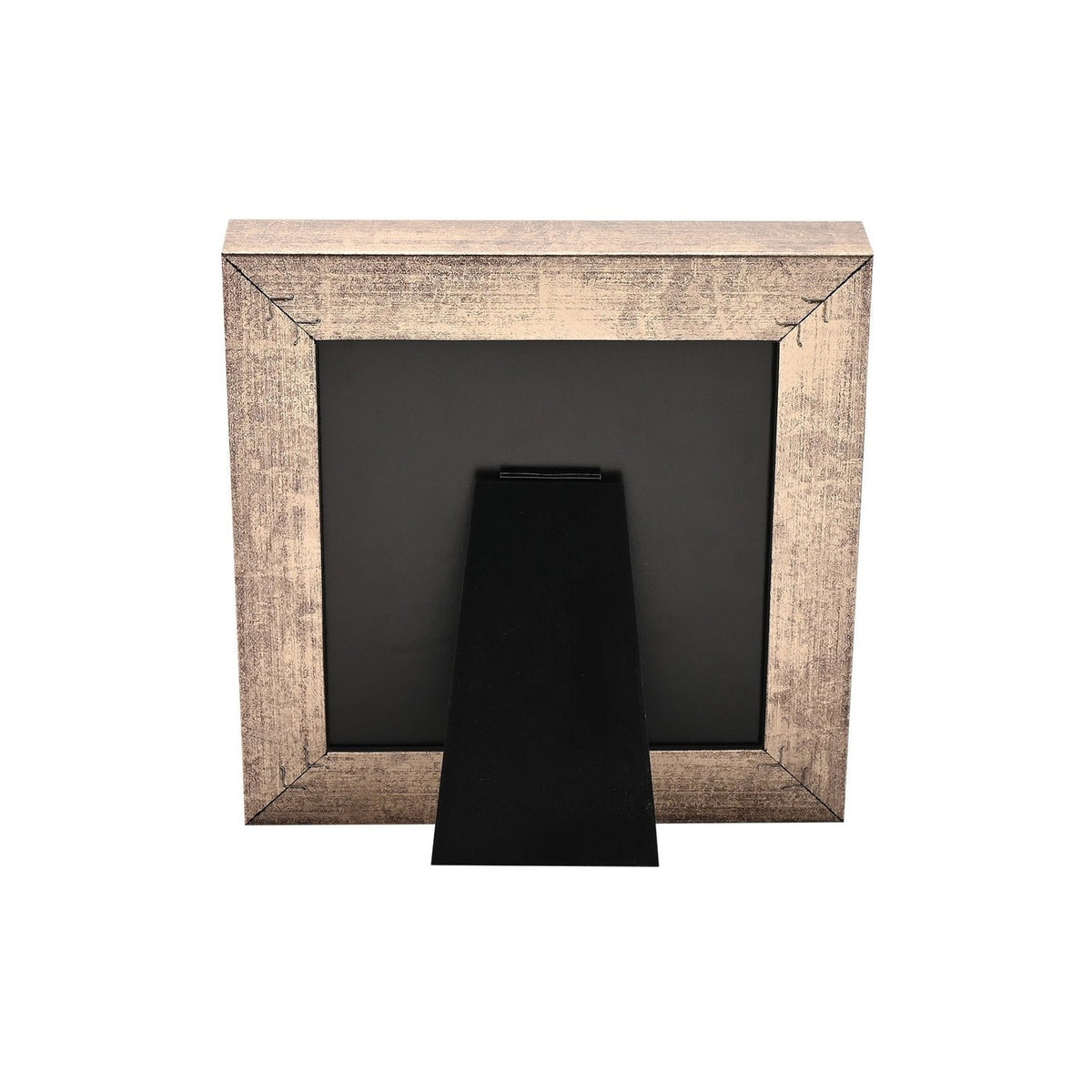 Square metal photo frame, 5 x 5in, with black panel and distressed antique gold edge, black easel stand on back, shown on a plain white background.